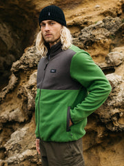 Men Recycled Zip Fleece in Black/Green - Axiom
