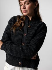 Women Wool Crew Neck Cardigan in Black - Mora