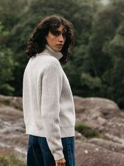 Women Fisherman Wool Roll Neck Jumper in Ecru - Mora