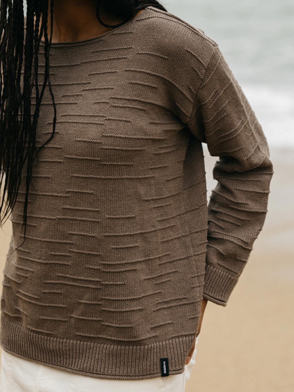 Women Organic Cotton Textured Knit Jumper in Brown - Travean