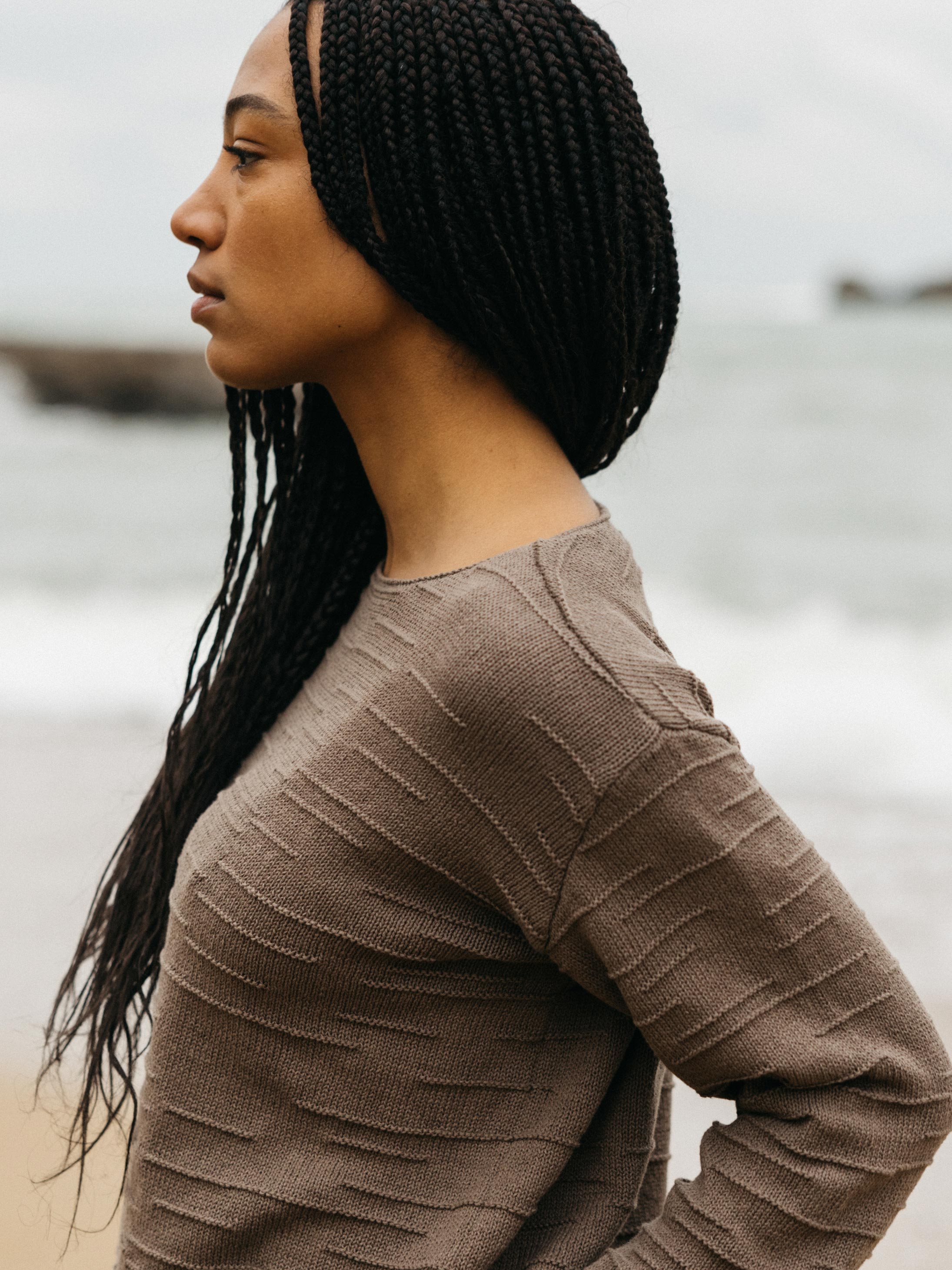 Women Organic Cotton Textured Knit Jumper in Brown - Travean