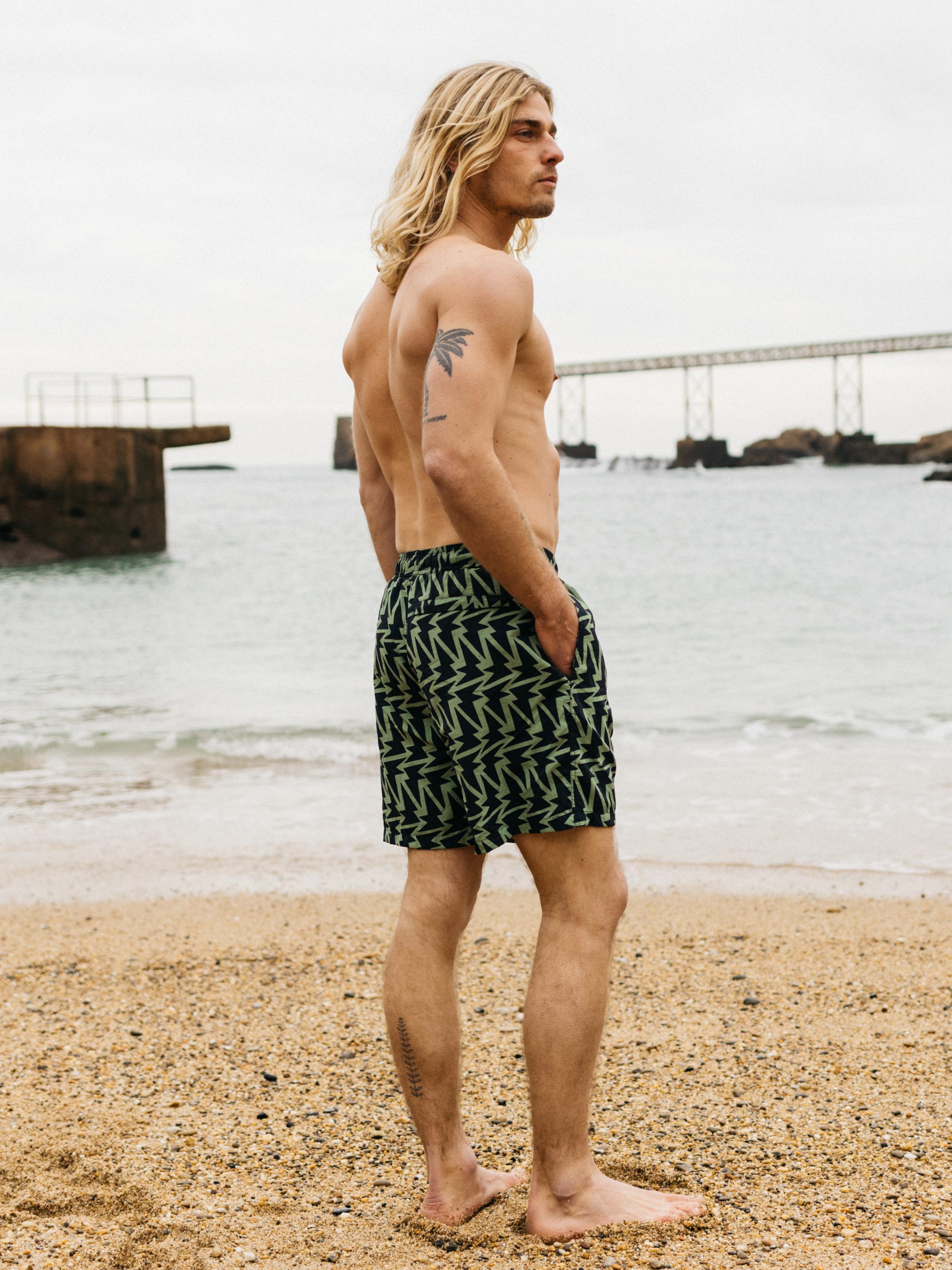 Men Recycled Swim Short in Navy Print - Atlas