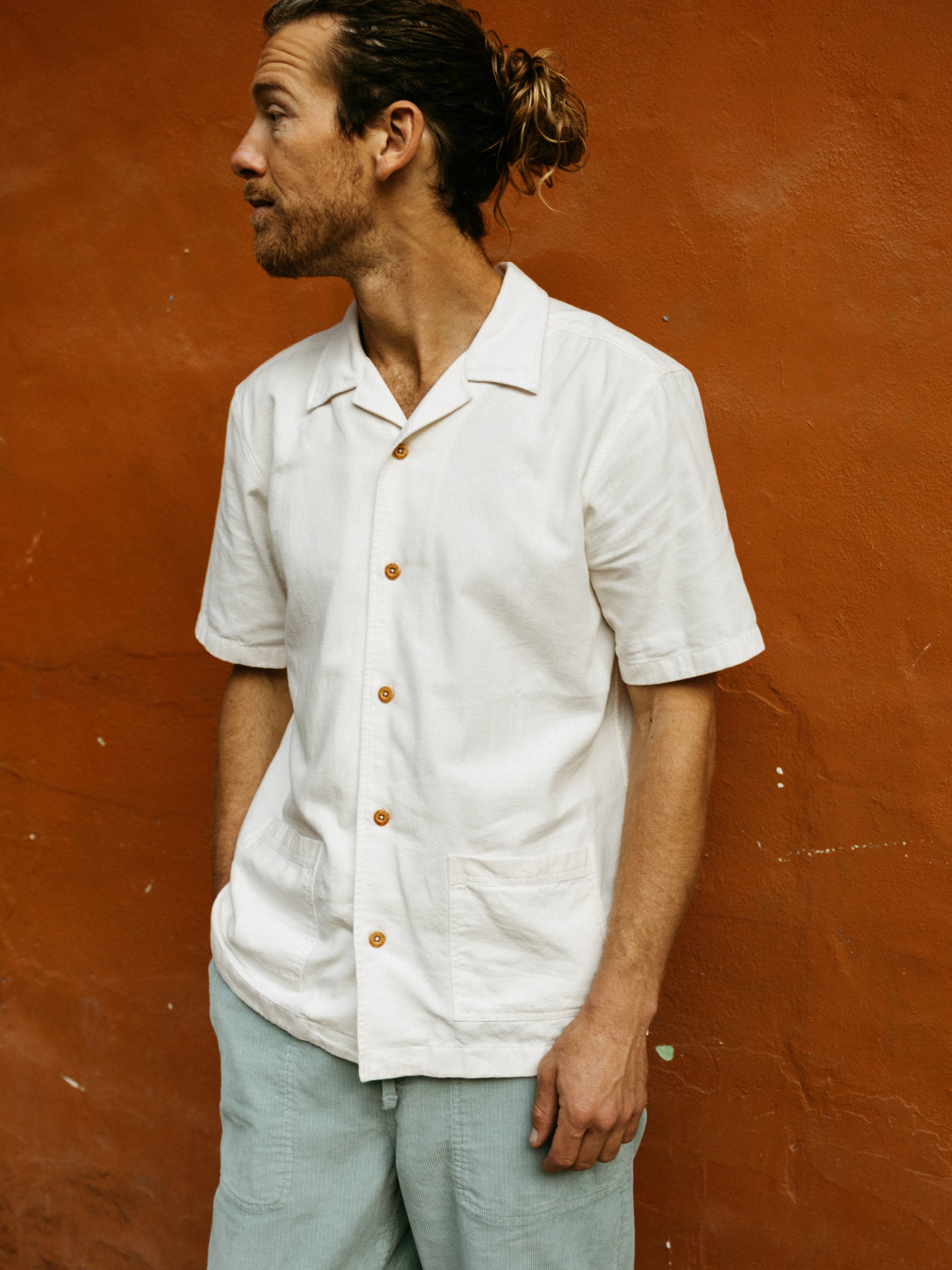 Men Cotton Short Sleeve Shirt in Ecru - Hendra