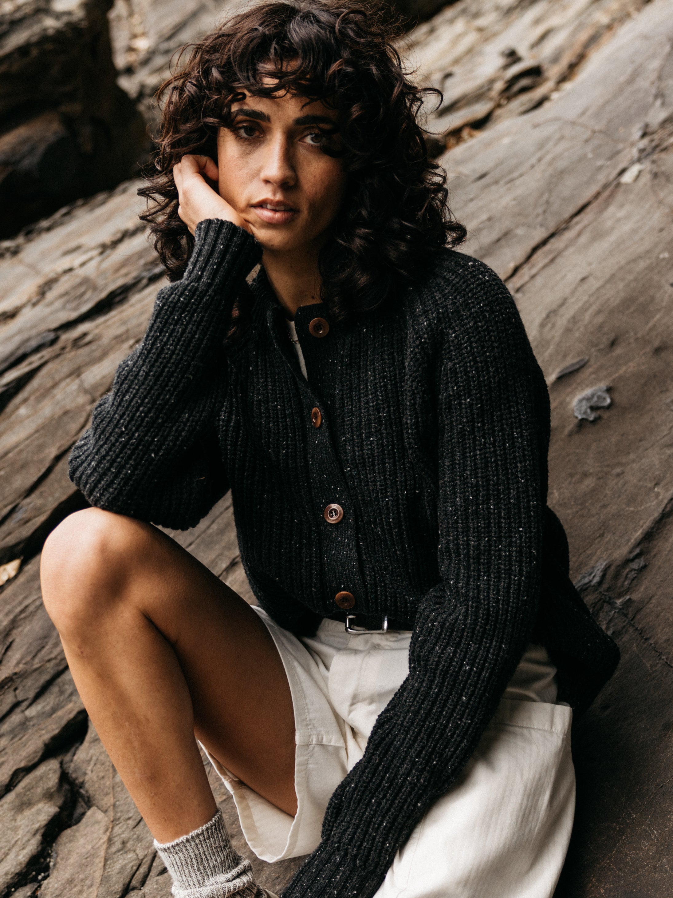 Women Wool Crew Neck Cardigan in Black - Mora