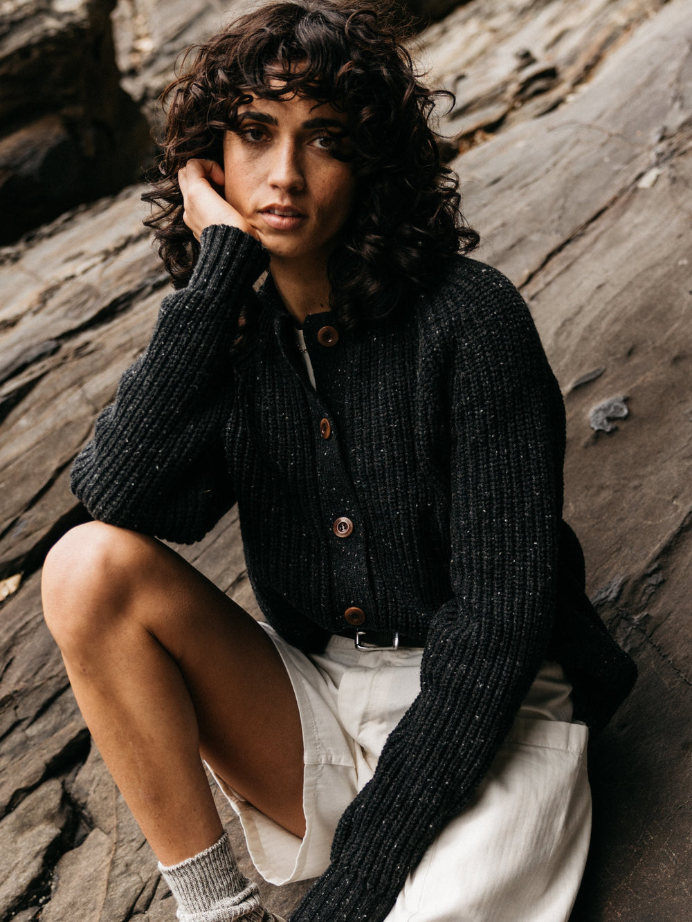 Women Wool Crew Neck Cardigan in Black - Mora