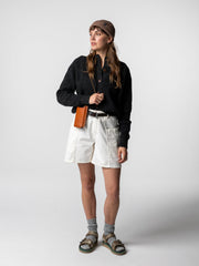 Women Wool Crew Neck Cardigan in Black - Mora
