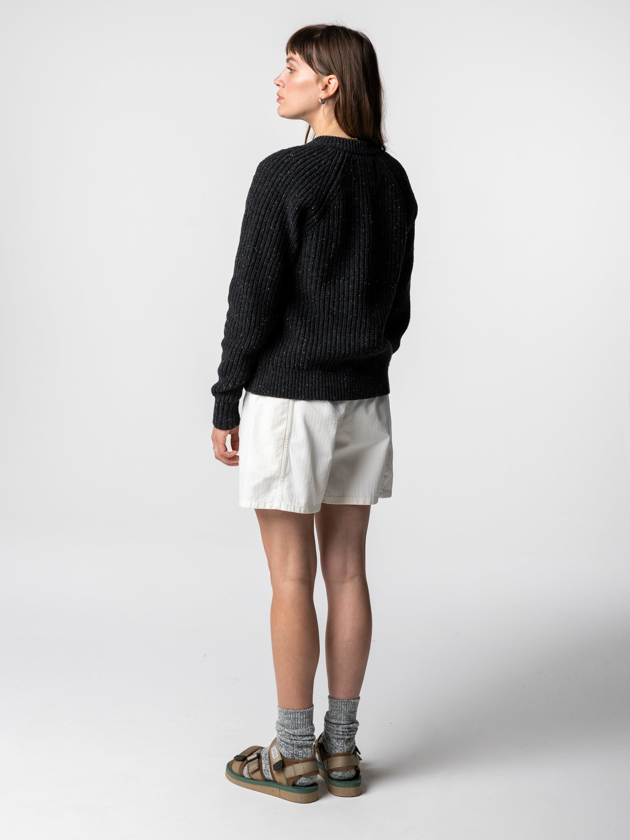 Women Wool Crew Neck Cardigan in Black - Mora
