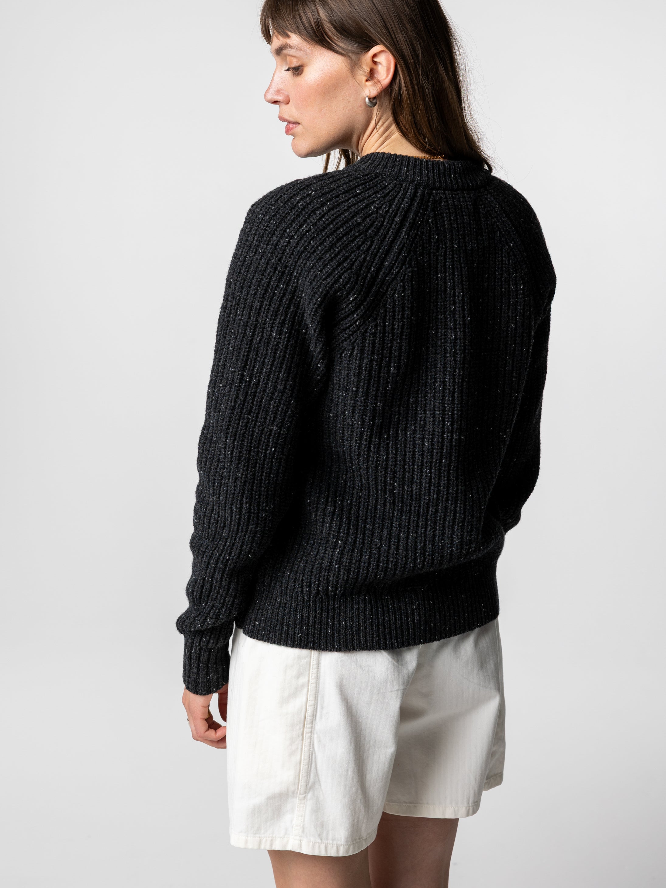 Women Wool Crew Neck Cardigan in Black - Mora