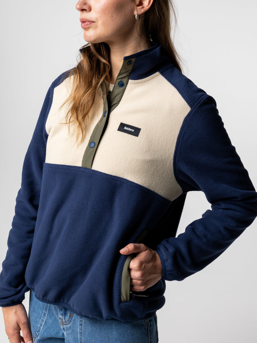 Women 1/4 Snap Fleece in Oatmeal/Deep Blue - Axiom