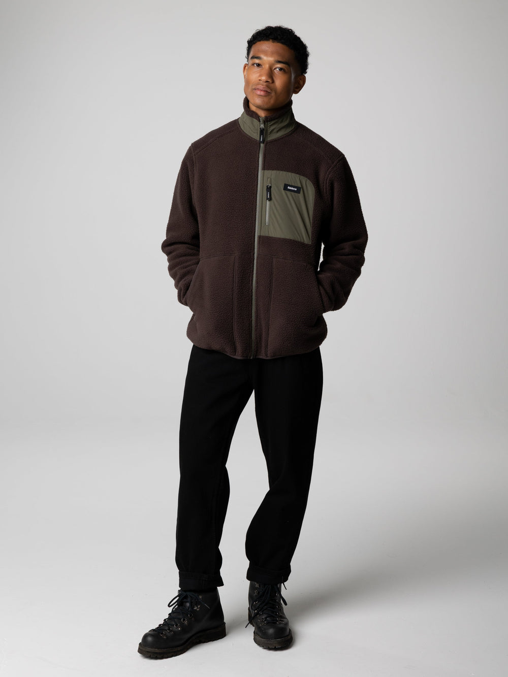 Men Recycled Fleece Jacket in Brown/Olive - Bolster