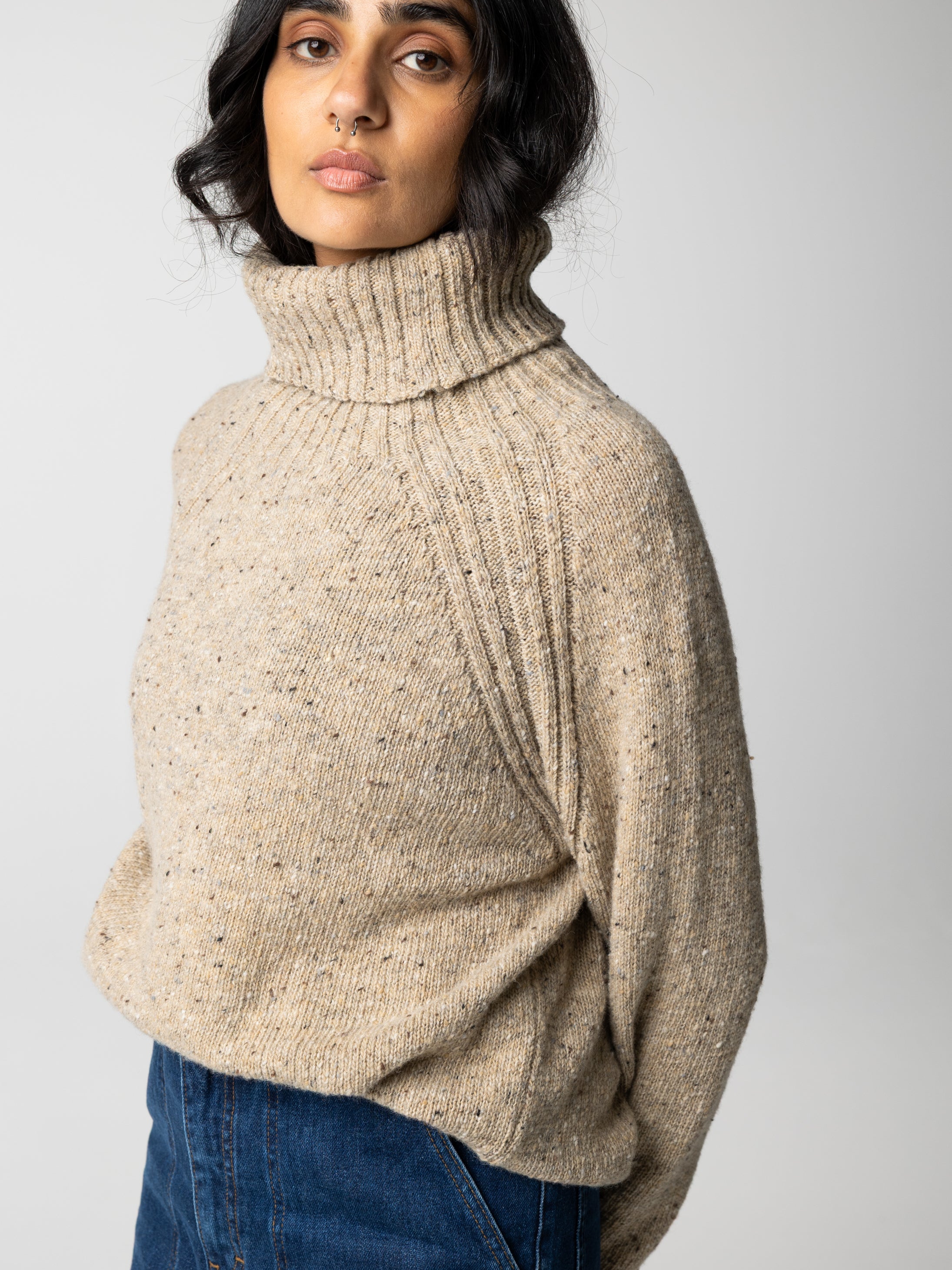 Women Wool Roll Neck Knit Jumper in Oatmeal - Farne
