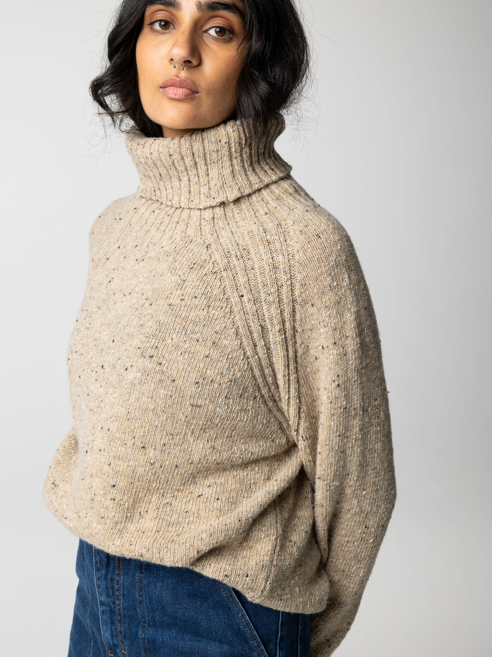 Women Wool Roll Neck Knit Jumper in Oatmeal - Farne