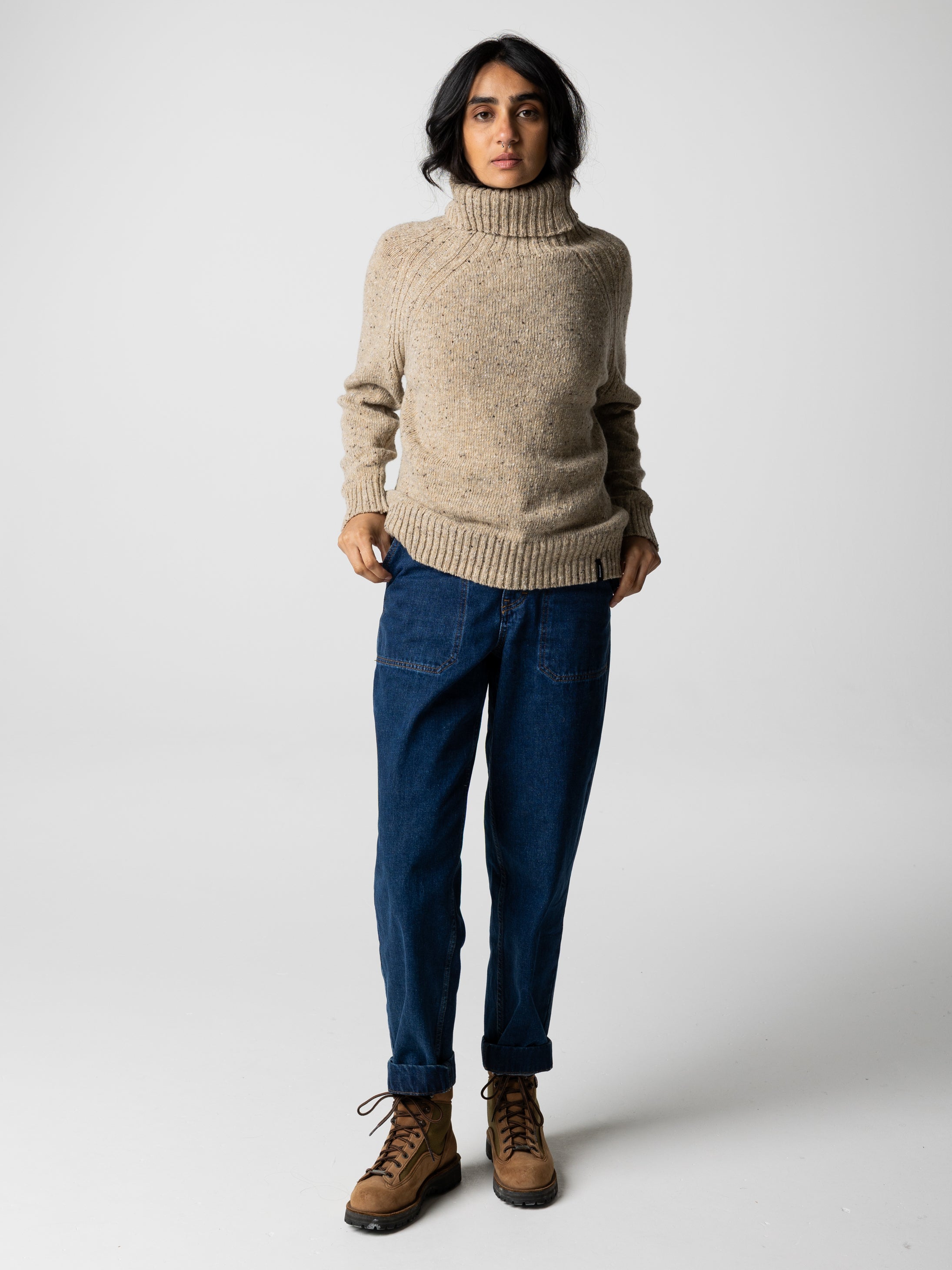 Women Wool Roll Neck Knit Jumper in Oatmeal - Farne