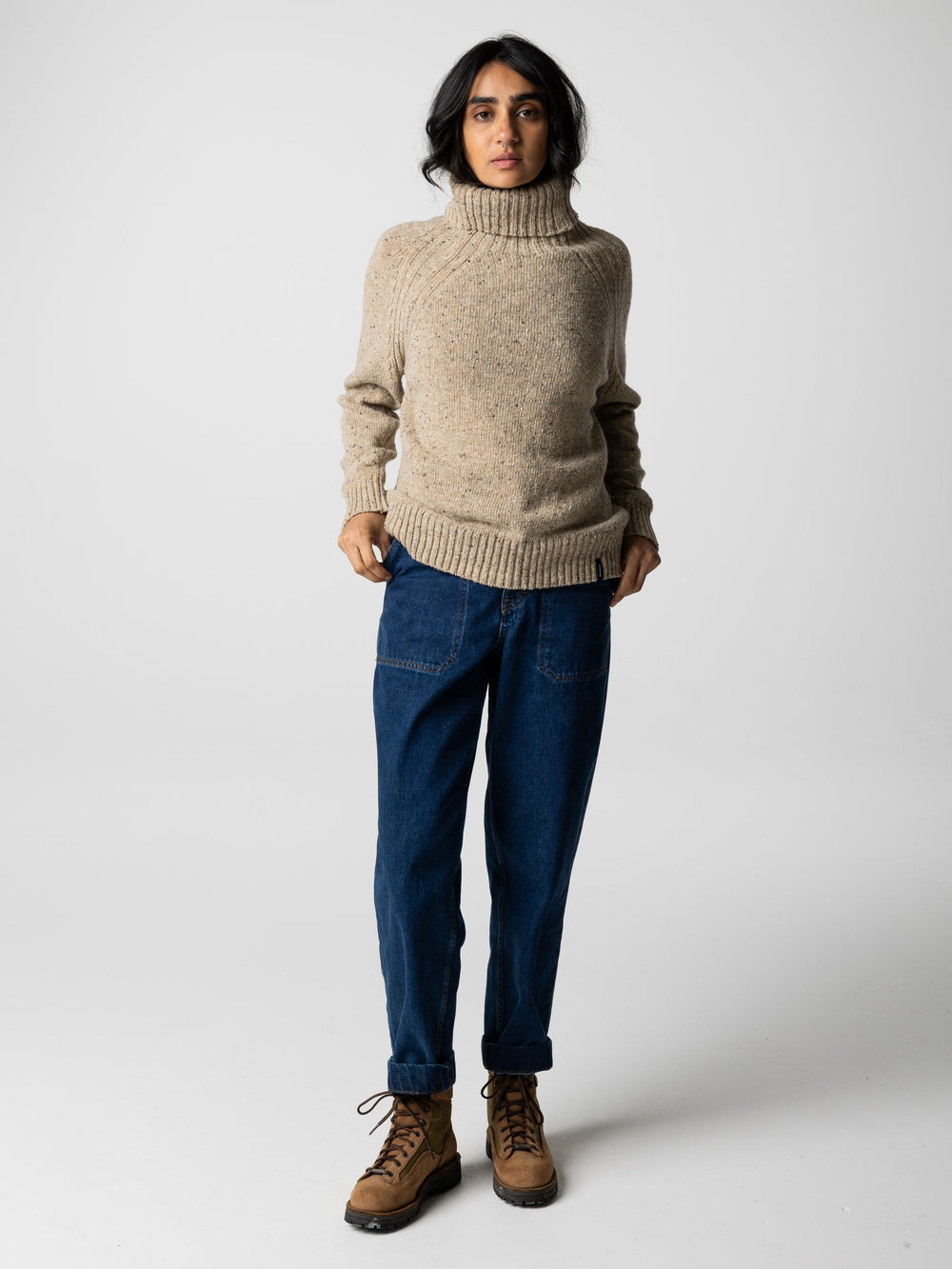 Women Wool Roll Neck Knit Jumper in Oatmeal - Farne
