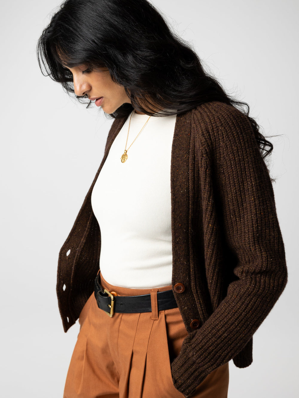 Women Wool Knit Cardigan in Brown - Mora