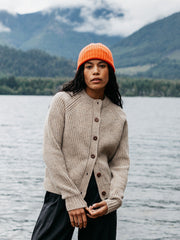 Women Wool Crew Neck Cardigan in Oatmeal - Mora