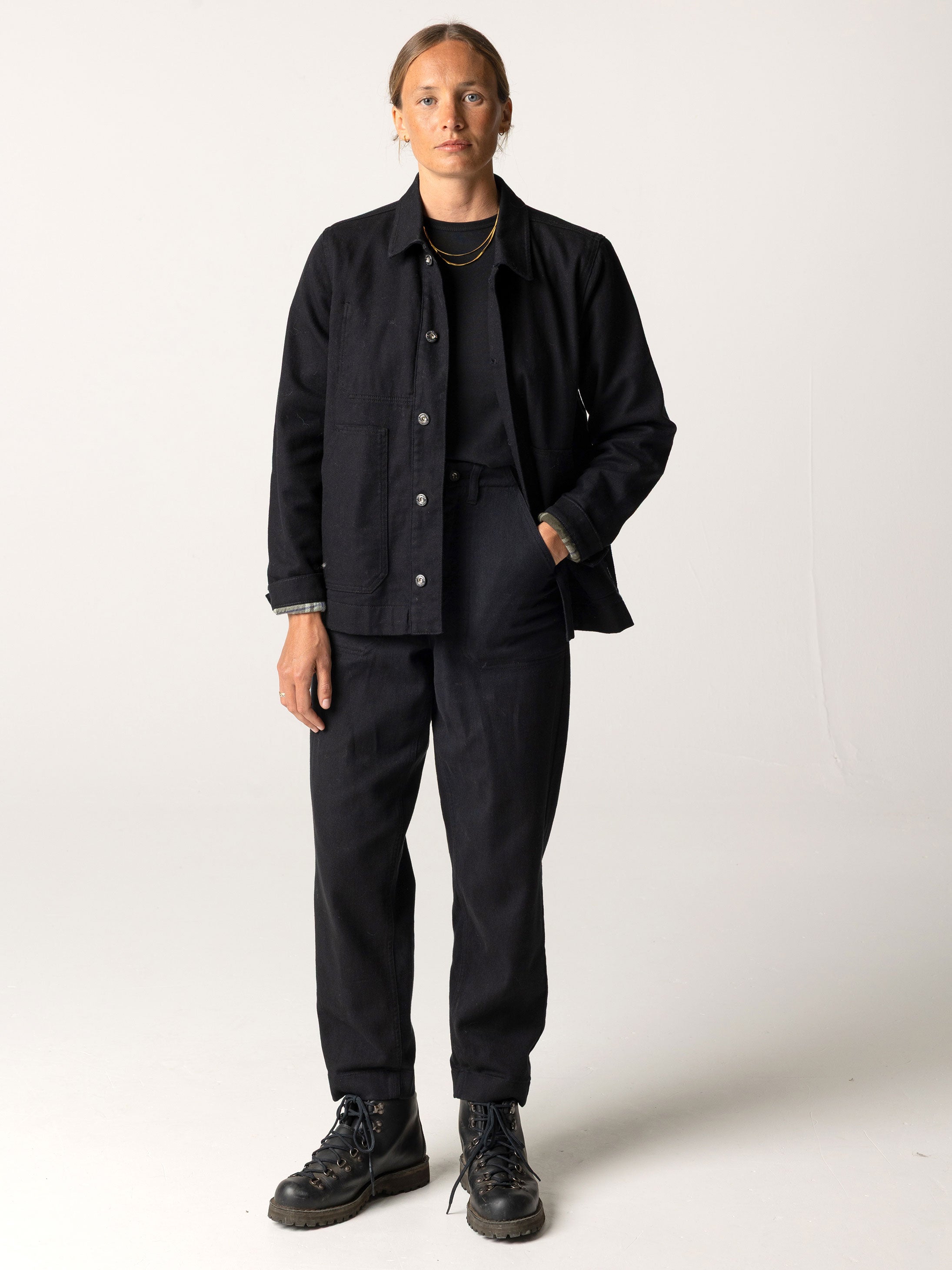 Women Organic Cotton Flannel Lined Chore Jacket in Black - Yarrel