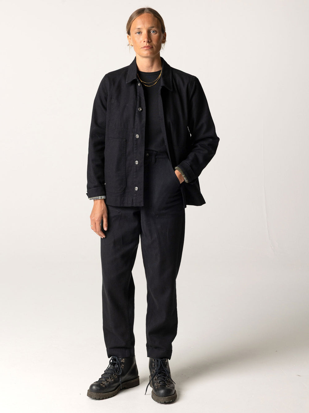 Women Organic Cotton Flannel Lined Chore Jacket in Black - Yarrel