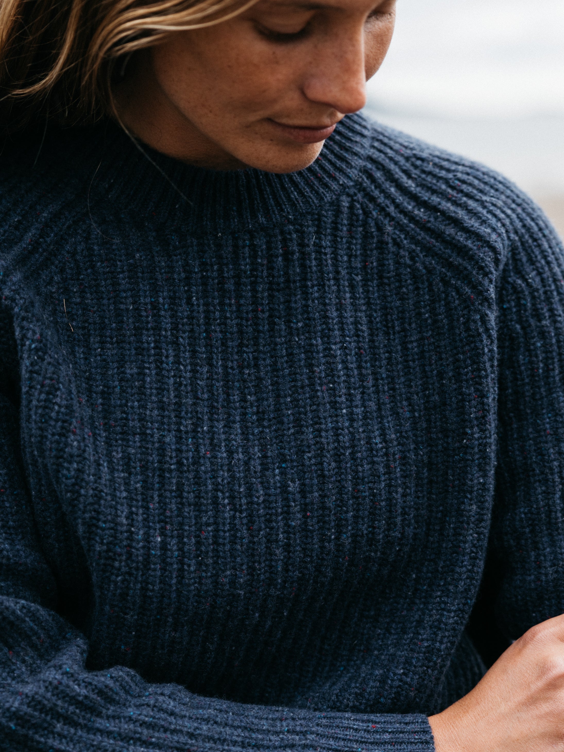 Women Fisherman Wool Knit Jumper in Navy - Mora
