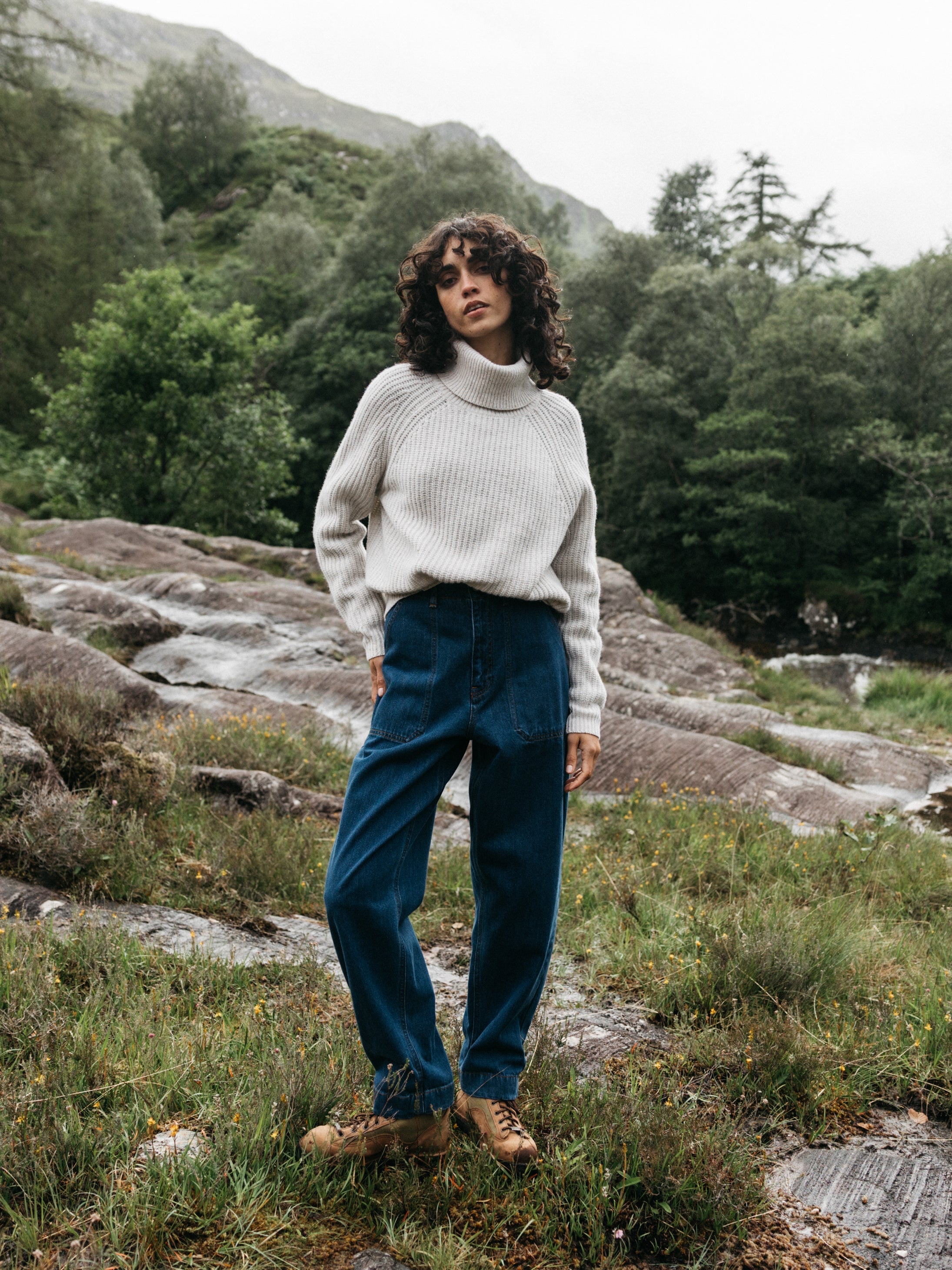 Women Fisherman Wool Roll Neck Jumper in Ecru - Mora