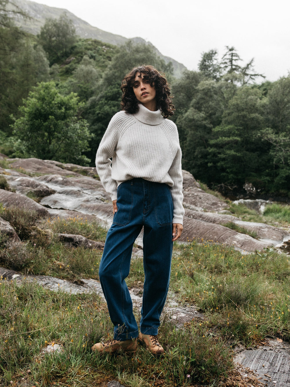 Women Fisherman Wool Roll Neck Jumper in Ecru - Mora