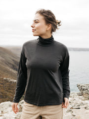 Women Merino High Neck T-Shirt in Raven - Seeker