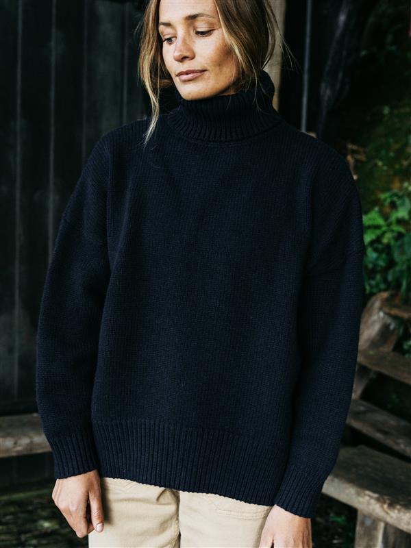 Women Roll Neck Knit Jumper in Navy - Eyre