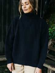 Women Roll Neck Knit Jumper in Navy - Eyre