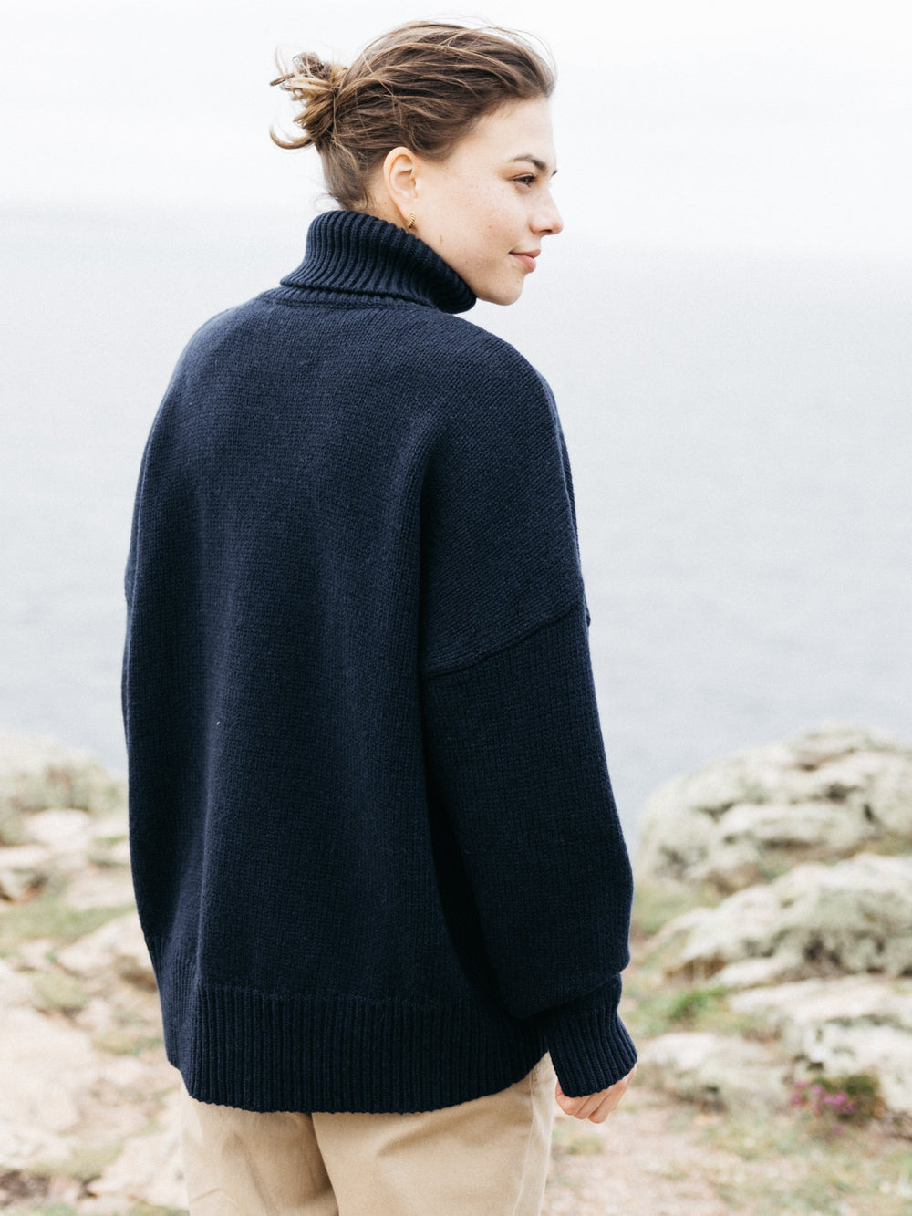 Women Roll Neck Knit Jumper in Navy - Eyre