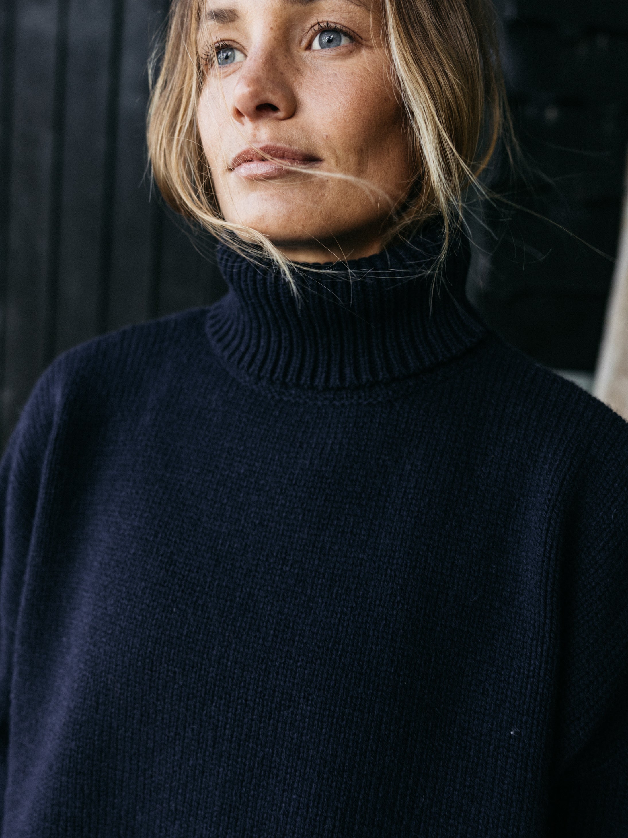 Women Roll Neck Knit Jumper in Navy - Eyre