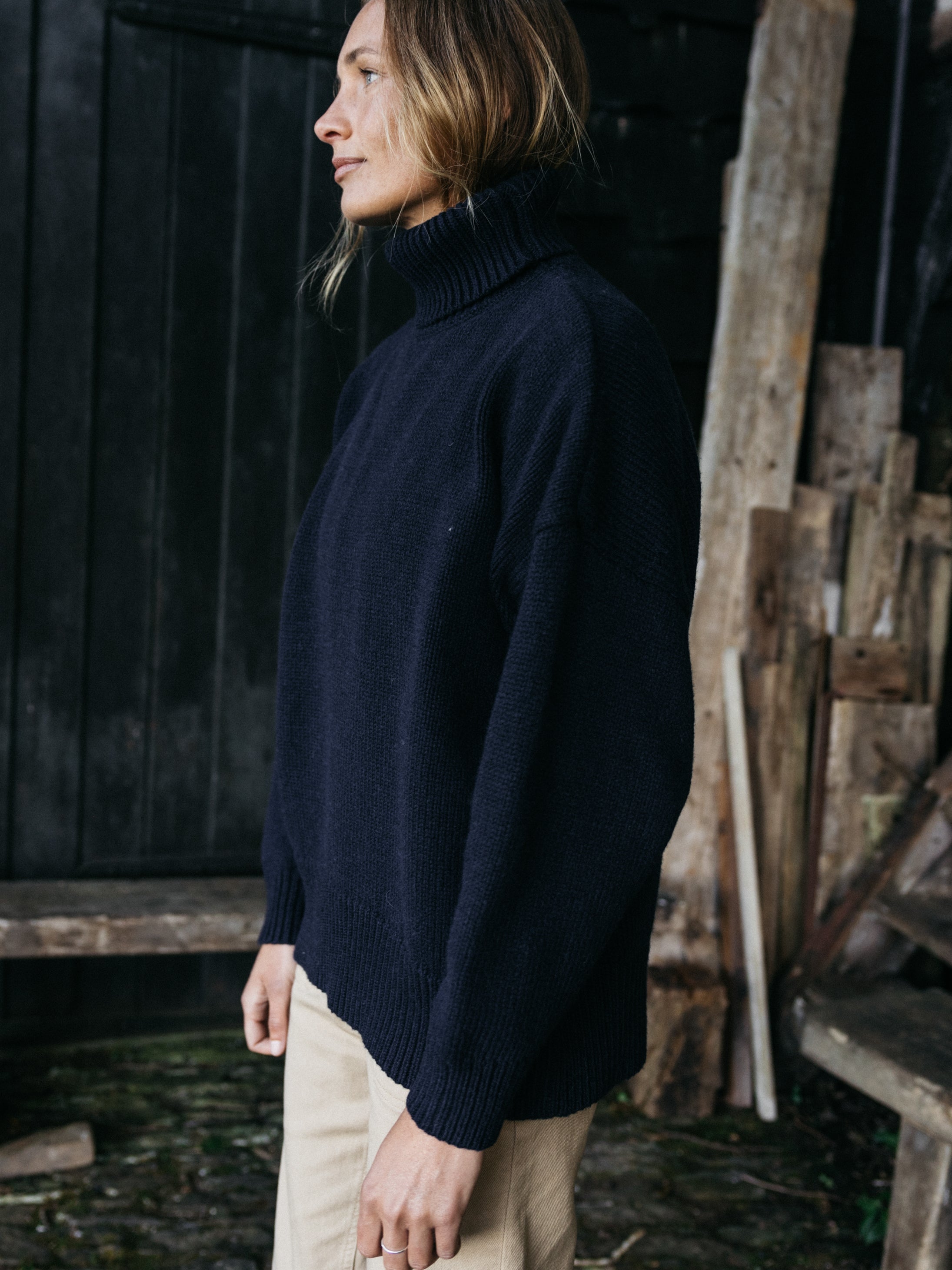 Women Roll Neck Knit Jumper in Navy - Eyre