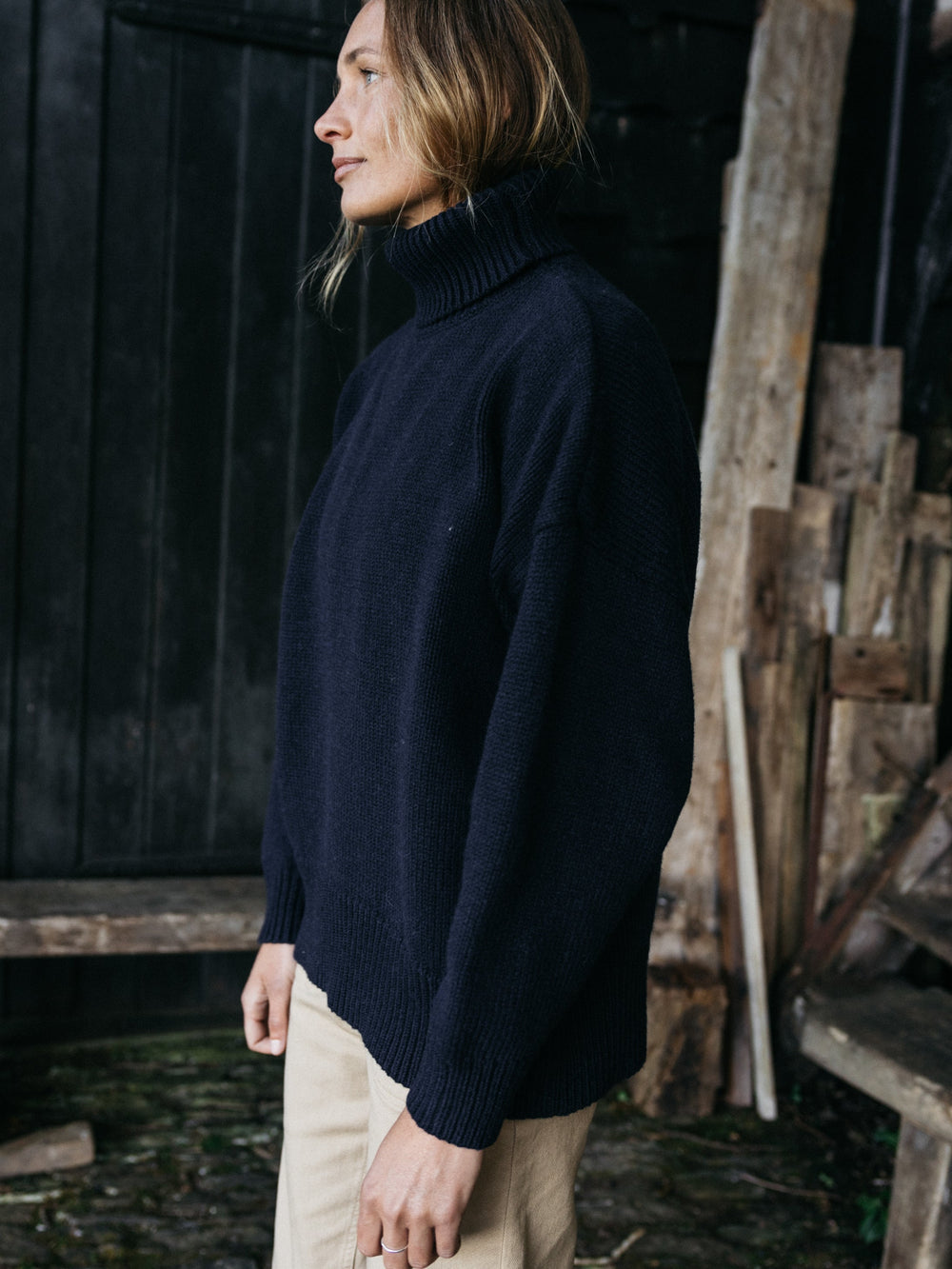 Women Roll Neck Knit Jumper in Navy - Eyre