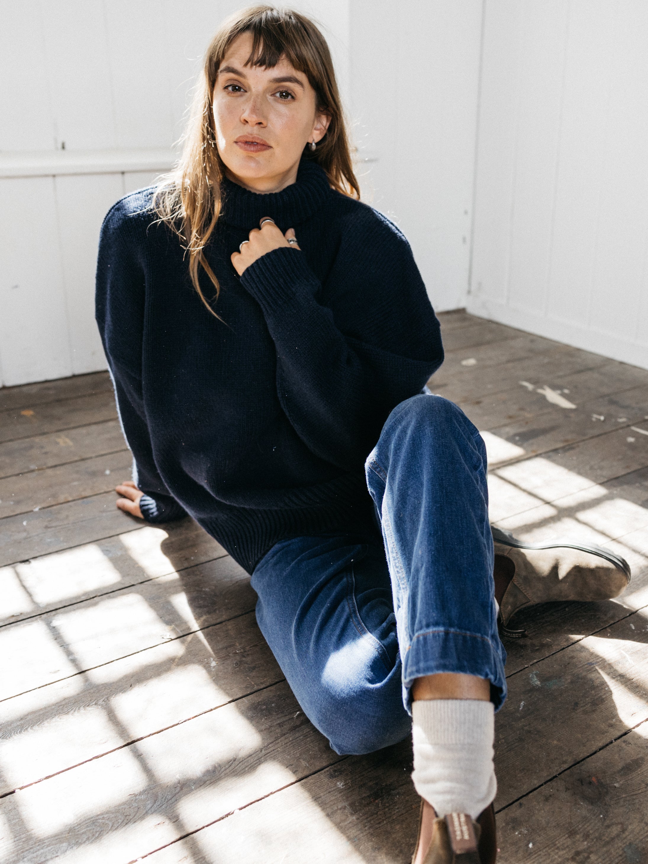 Women Roll Neck Knit Jumper in Navy - Eyre